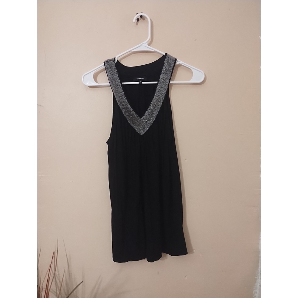 Express Rhinestone Deep V-Neck Black Tank Top Womens Small Sleeveless Rayon
